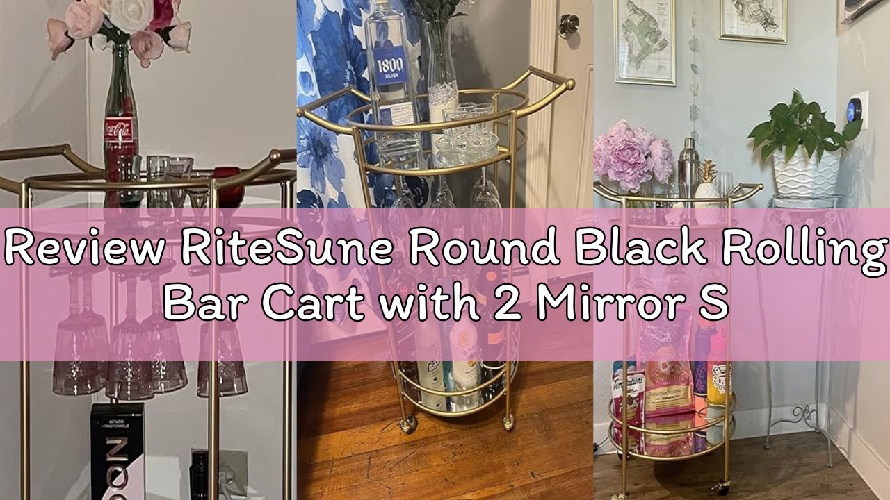 Review RiteSune Round Black Rolling Bar Cart with 2 Mirror Shelves, Wine Rack and Lockable Casters,