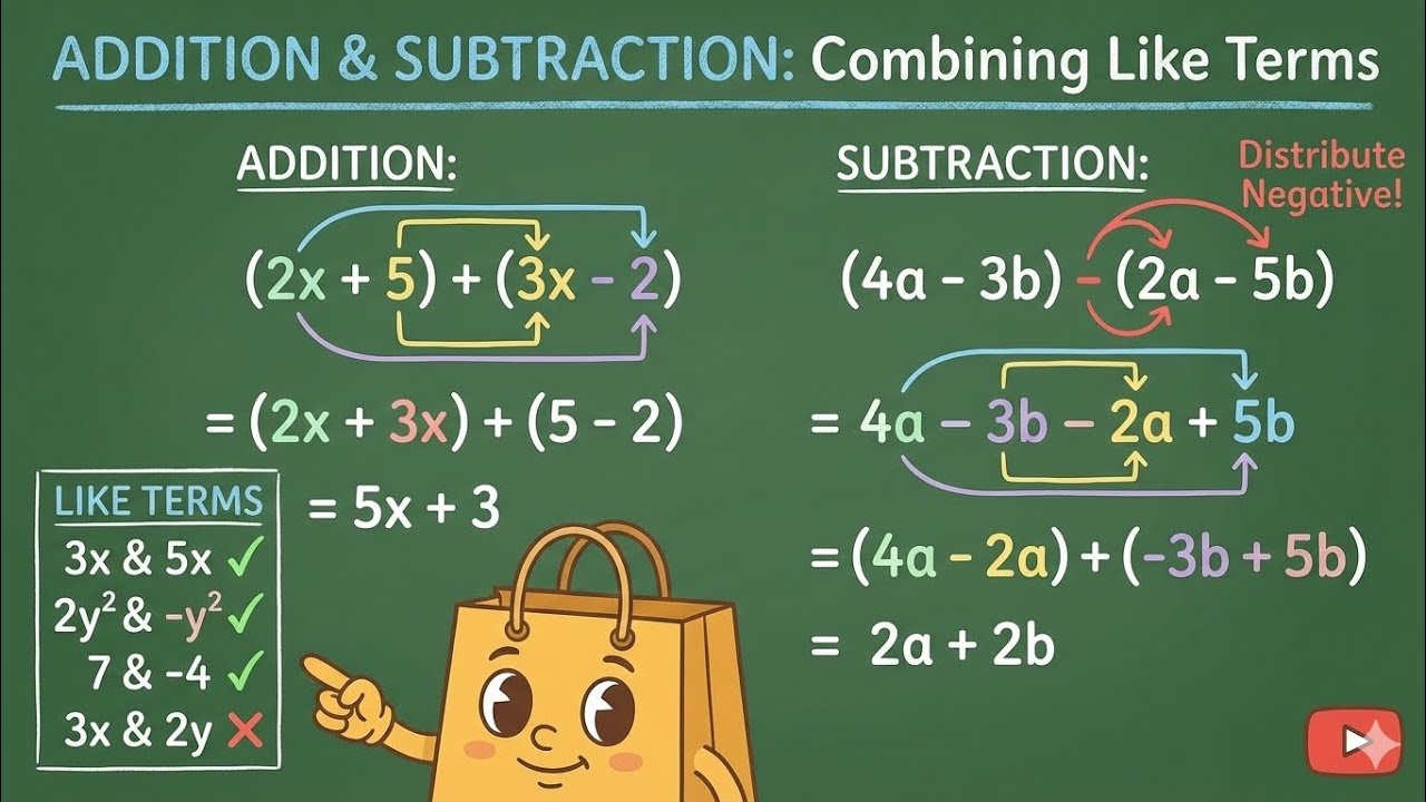 How to Combine Like Terms: Adding & Subtracting Algebraic Expressions ...