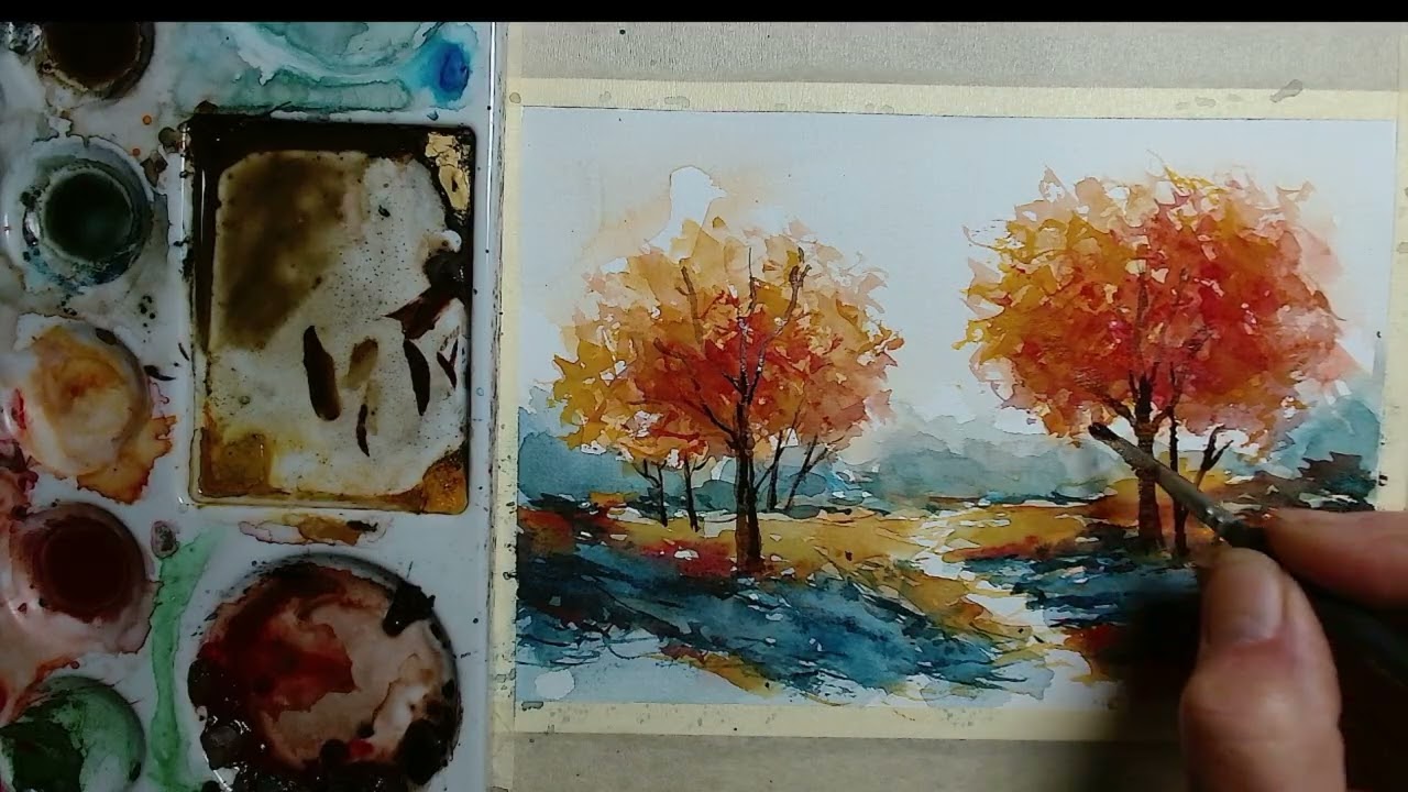 Easy Watercolor Autumn Scene with Trees and Path