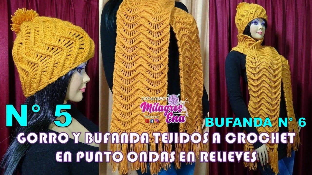 Gorro N° 5 y Bufanda N ° 6 Tejidos a crochet con el Punto Ondas Relieves paso a paso para damas - YouTube