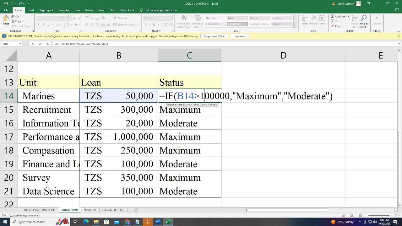 Microsoft Excel Logical Conditions and Boolean Expressions AND OR NOT ...