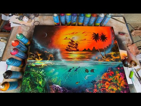 Sunset underwater pirate ship spray paint