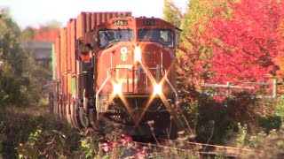 Extra Stack Train CN Q120 thru Painsec Junction at Track Speed - Nice Fall Colours!