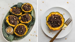 VEGAN Holiday Recipe: Maple Acorn Squash + Rice & Lentil Stuffing! image