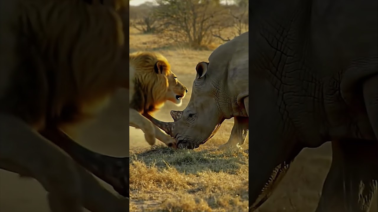 Full Force Lion vs Giant Rhino The Moment of Head On Collision!