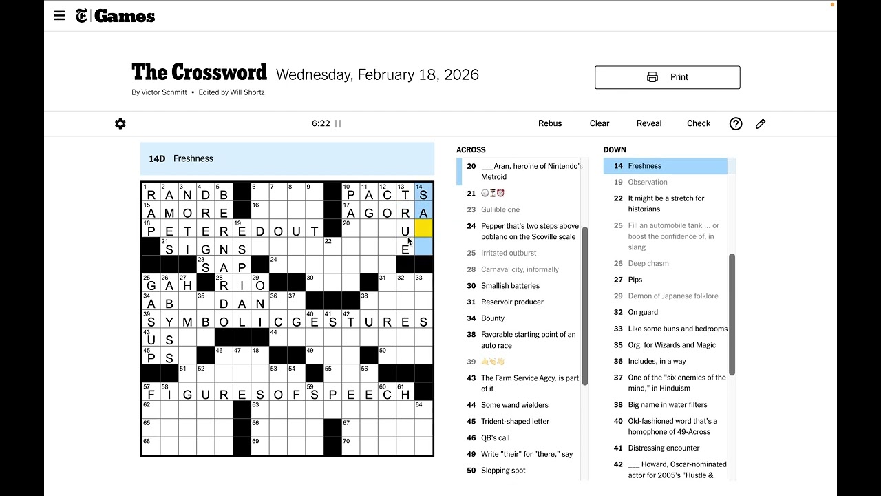 New York Times Crossword Solve - Wednesday Feb 18 2026