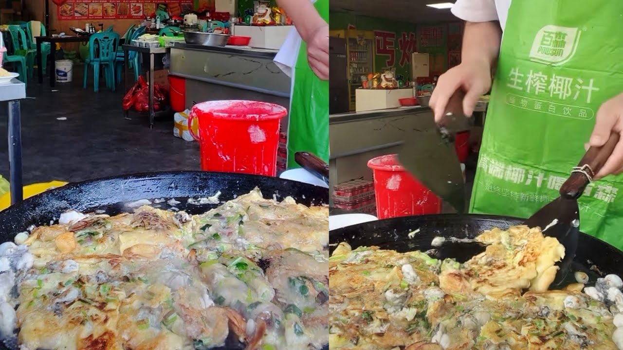 Cooking fried oyster pancake, yummy street good.