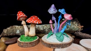 Making Clay Mushroom Sculpture on Wood Slice for Decoration | Cold Porcelain Clay Creations