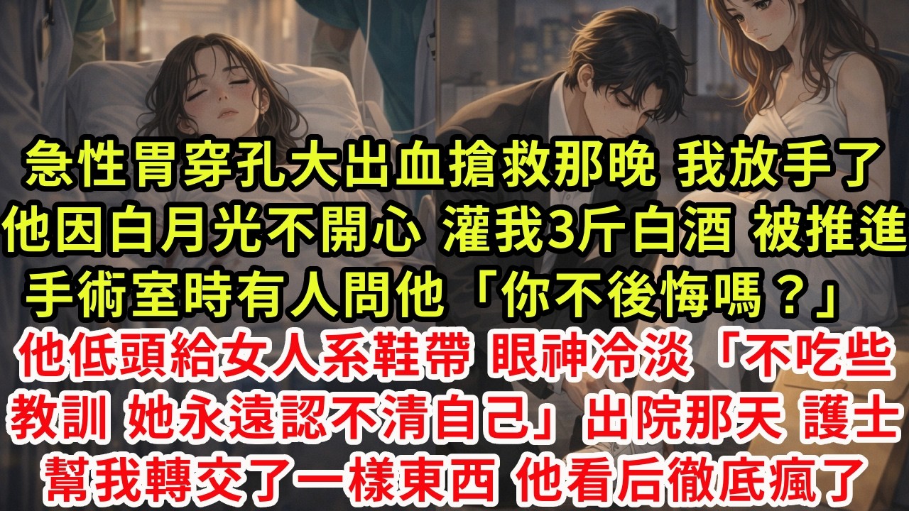 急性胃穿孔大出血搶救那晚 我放手了他因白月光不開心 灌我3斤白酒 被推進手術室時有人問他「你不後悔嗎？」他低頭給女人系鞋帶 「不吃些教訓 她永遠認不清自己」出院那天護士幫我轉交一樣東西 他看后徹底瘋了