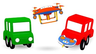 ¡Montando un drone! 4 coches coloreados. Dibujos animados de coches para niños.