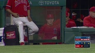 ATL@LAA: Trout comes out to the dugout for Pujols' AB