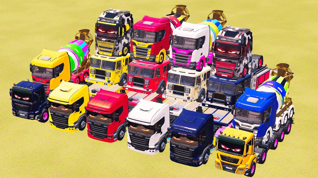 Colorful Garage FS22 - Mixer Truck With Flatbed Trailer, Mercedes Bnez, Scania, Box Truck