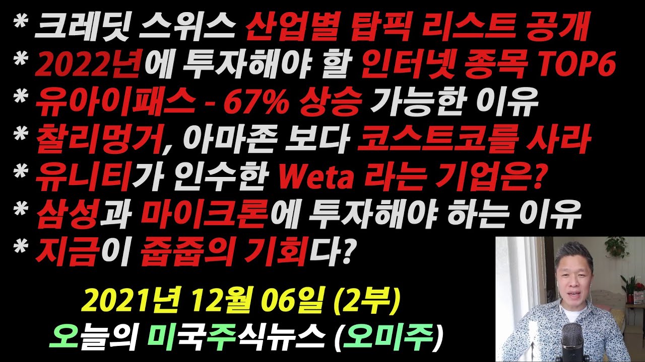 유아이 패스 주가 Update (오늘의 미국주식 뉴스 2부) 크레딧스위스 공개, 산업별 투자 탑픽 리스트는? / 유아이패스, 67% 급등 기대 이유 / 찰리멍거, 아마존 보다 코스트코!