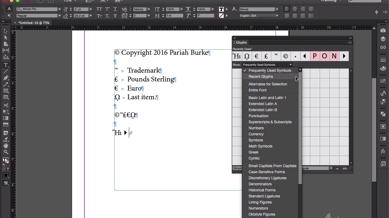  Update Creating and Saving Glyph Sets of Commonly Used Symbols - InDesign Tip of the Week