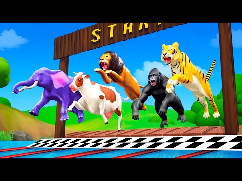 Zoo Animals Swimming Race - Elephant, Lion, Cow, Gorilla, Tiger, Fox | Funny Animals 3D Cartoons