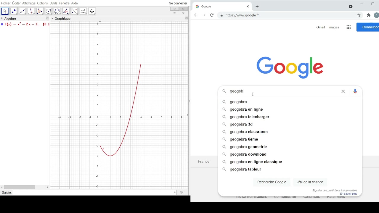 Tracer avec Geogebra la fonction f(x) = x² -2x - 3 sur l'intervalle [0