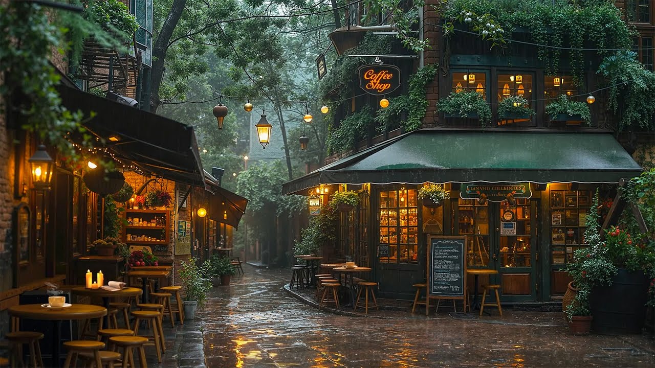 Relaxing Jazz on a Rainy Day Street ☕ Cozy Outdoor Coffee Shop Ambience ...