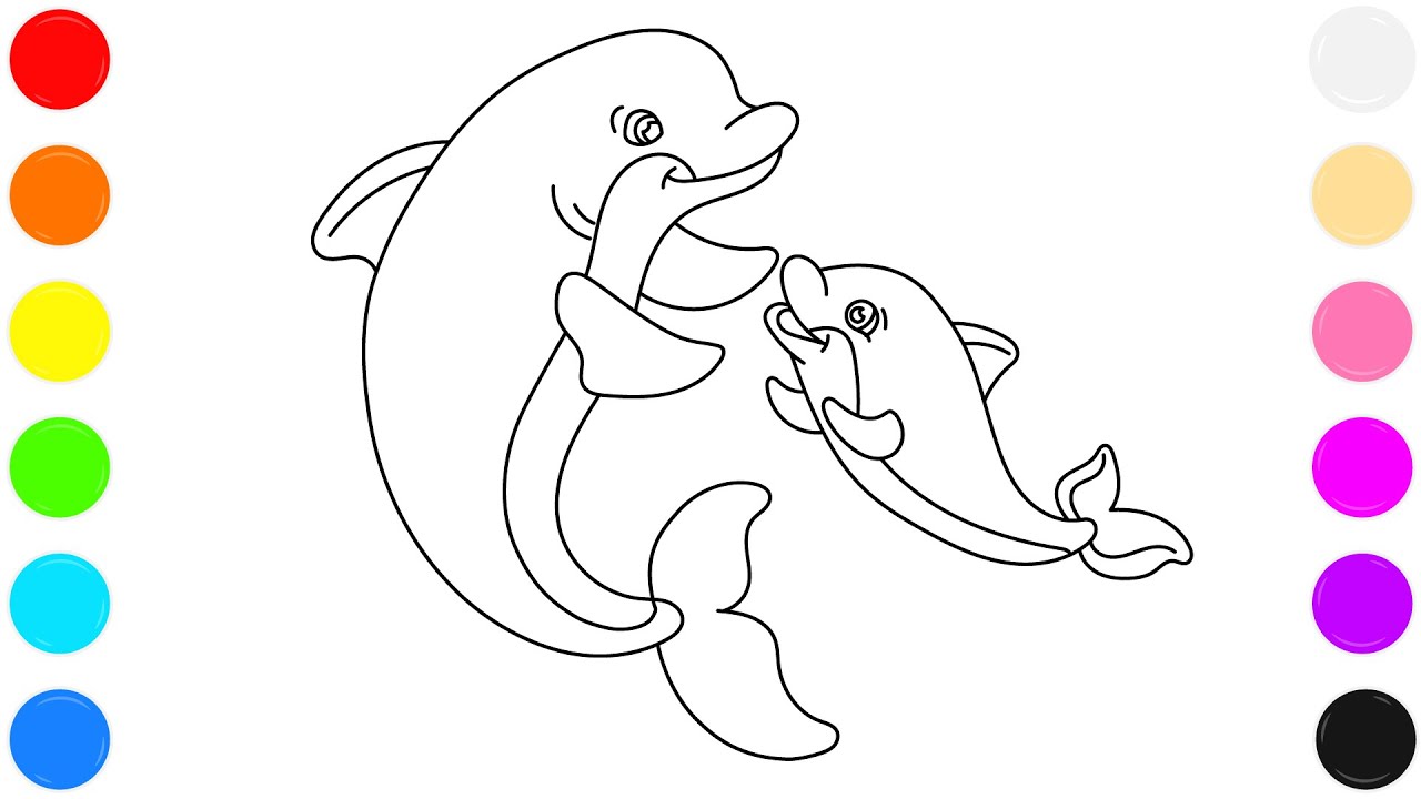 🐬 Раскраска с дельфинами для детей | Изучаем цвета с помощью милого рисунка мамы и детеныша дельфина