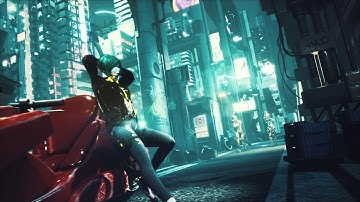 Police robots are slowly approaching the cyber girl standing next to her futuristic motorcycle.