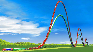 2 COLORFUL PASSENGER TRAINS PASS HEIGHT DOUBLE ROLLER COASTER RAILROAD TRACK-LONGEST TRAINS #37