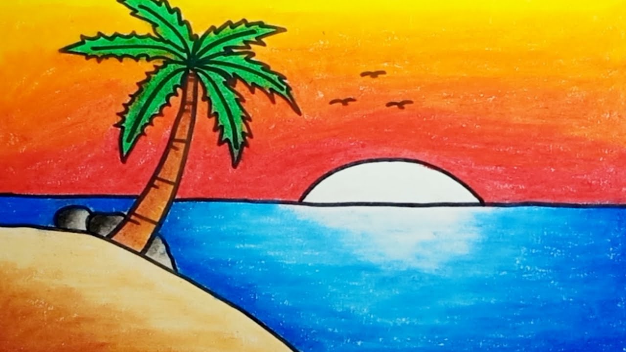 How To Draw Scenery Beach And Sunset Easy Step By Step |Drawing Nature ...