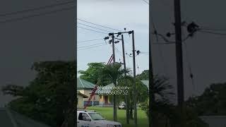 Moment Electric Light Shocked NEPA, Draw From Ladder And Hang In Between Power-line Cable