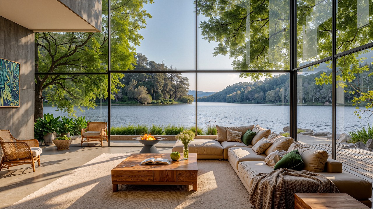 Relaxing Jazz And A Cozy Spring Lakeside Living Room - Warm Jazz And Spring Scenery Help You Unwind