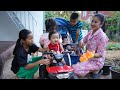 5 lovely children  happy and peaceful life of countryside family have dinner together