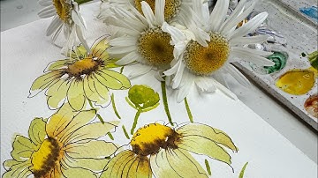Paint Easy Watercolor Daisies + Pen & Ink | Relaxing Step-by-Step Floral Tutorial for Beginners 🌼🖋️