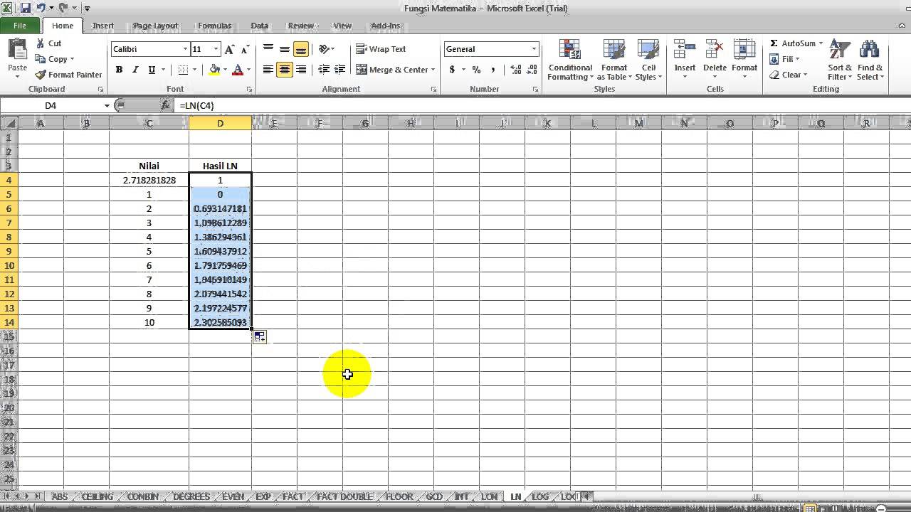 Cara menghitung logaritma natural dengan fungsi LN Excel