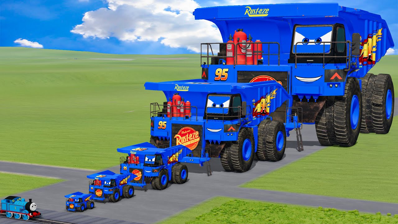 Big & Small Blue Hirochi Dump Truck Lightning Mcqueen vs Trains Thomas | BeamNG.Drive