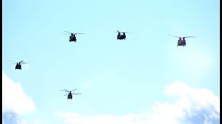 9 US Army helicopters AH64 Apache, CH47 Chinook, SA342 Gazelle on fuel stop _ Sorry for wind noise