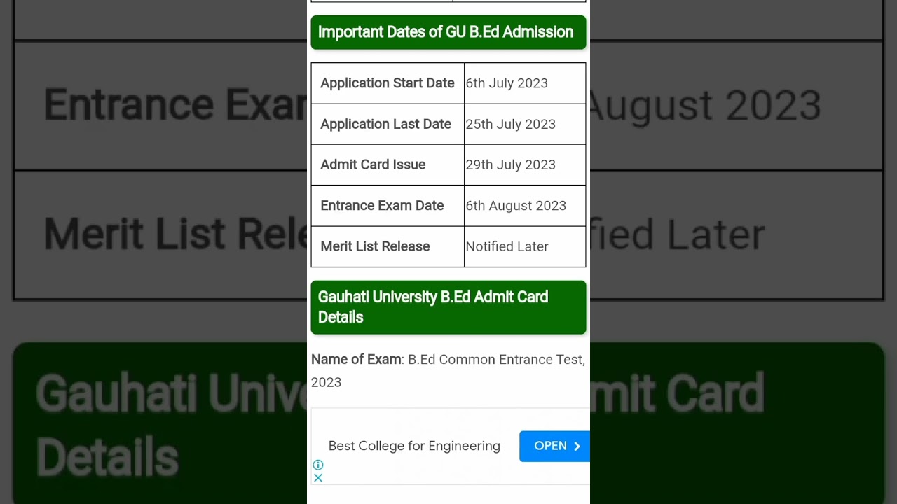Gauhati University B.Ed Admit Card 2023 – GUBEDCET Call Letters. GU B.Ed Exam