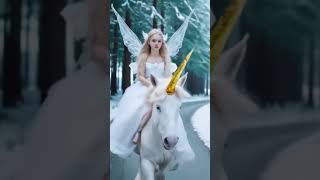 A girl riding a unicorn, strolling along a forest path #goaskalice #bobandalice #ai  #shorts
