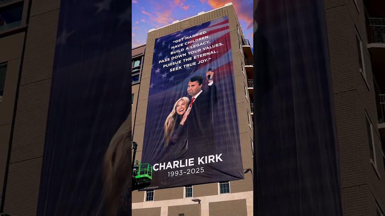 Massive Charlie Kirk Banner Unveiled in Washington, D.C. By The Heritage Foundation - YouTube
