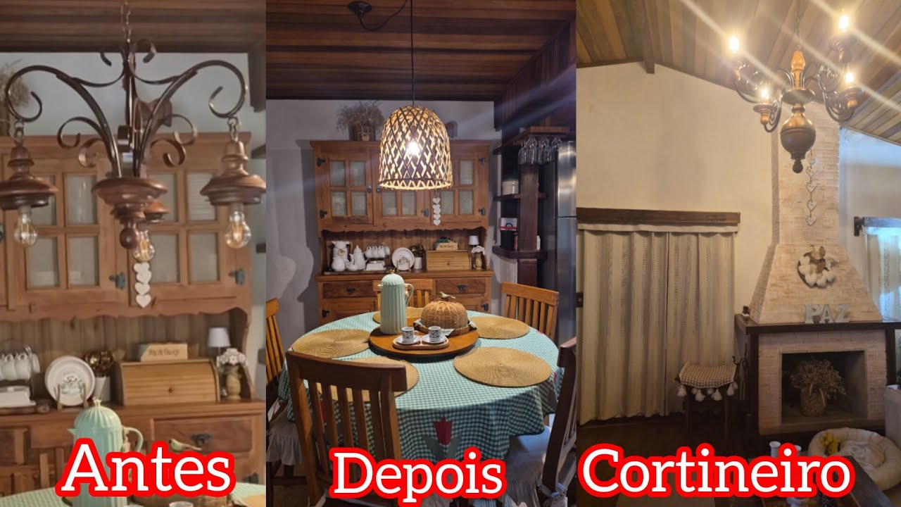 Fizemos um cortineiro de madeira/colocamos o lustre novo/fiz um bandô para cortina