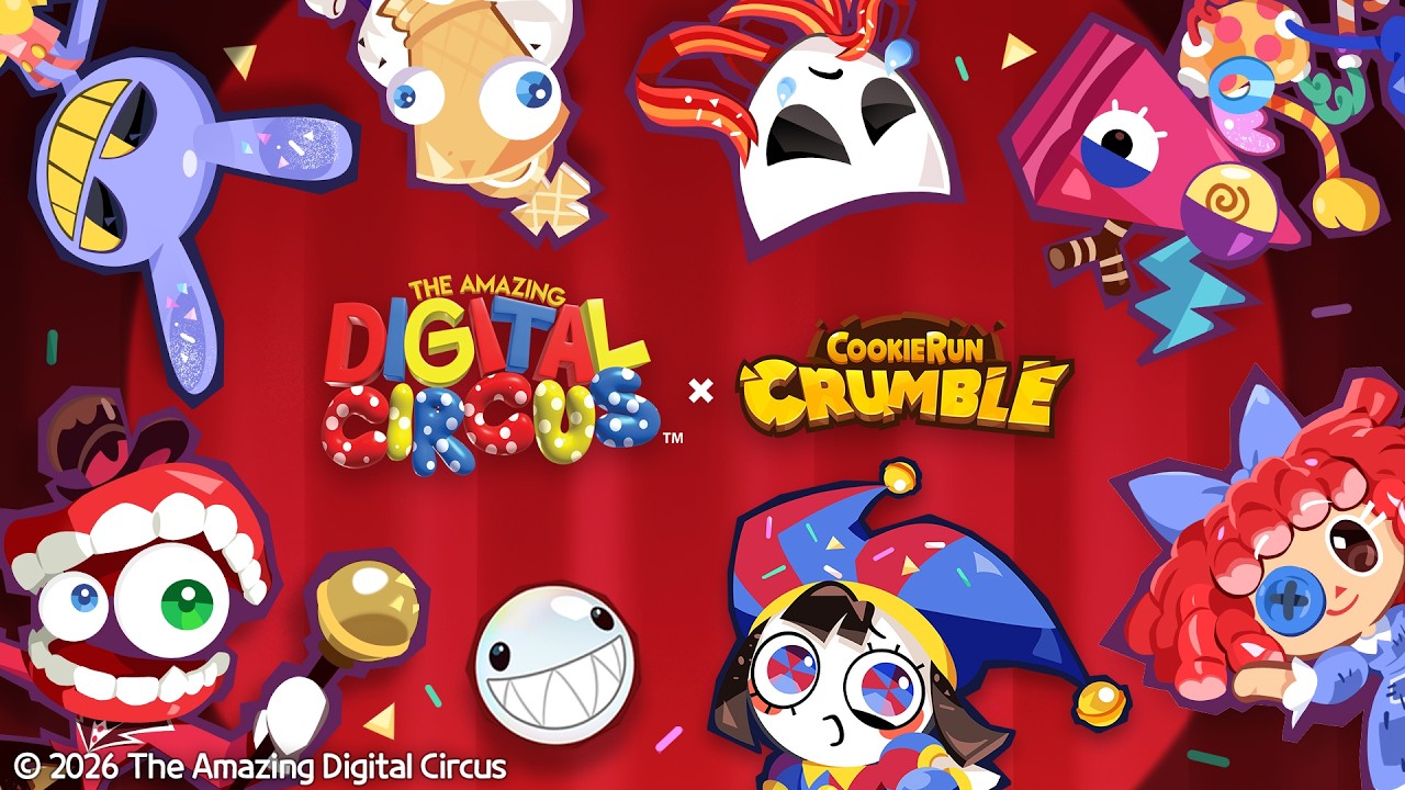 Official art for The Amazing Digital Circus and Cookie Run Crumble crossover featuring Caine, Pomni and Jax