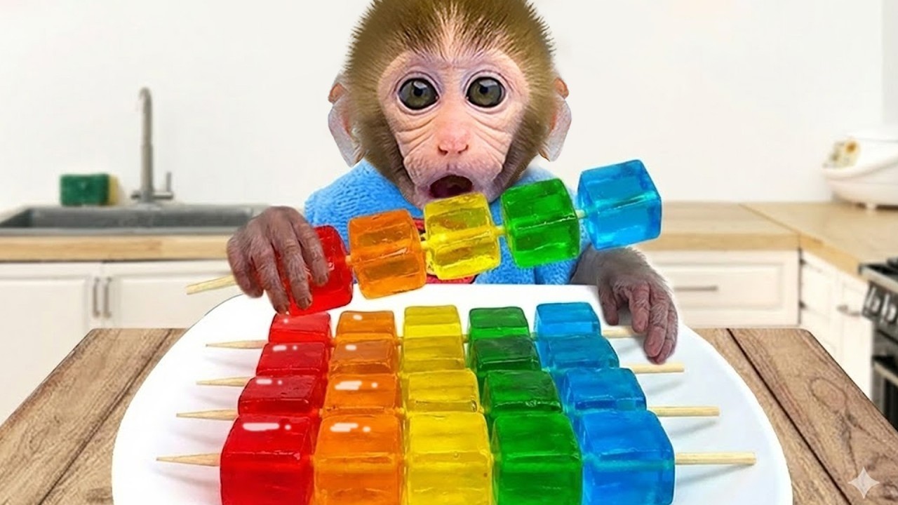 Baby Monkey Bon Bon Eats Rainbow Jelly Ice Cream and Drives Supercar to Buy Popcorn