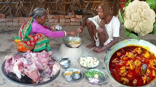 rural grandma how to cook GOAT MEAT Curry with CAULIFLOWER and eating with hot rice||village life.