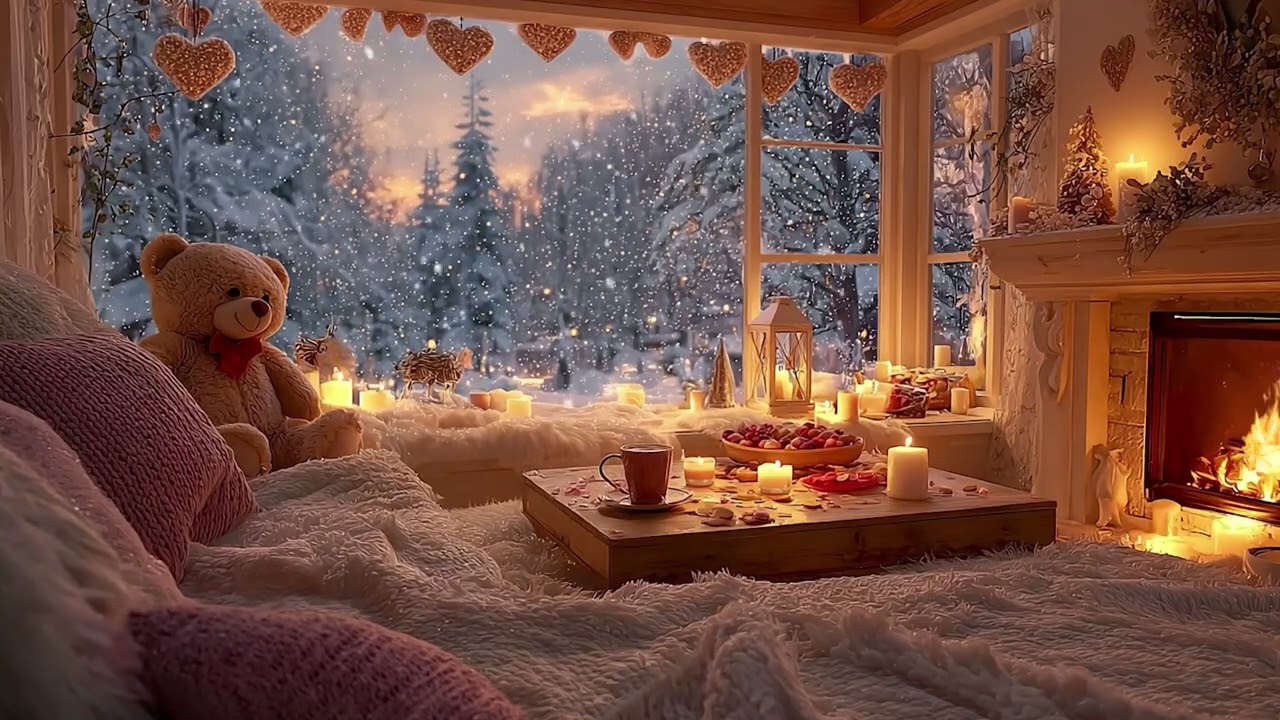 Warm Fireplace & Soft Piano Relaxing Holiday Ambience with Snowfall