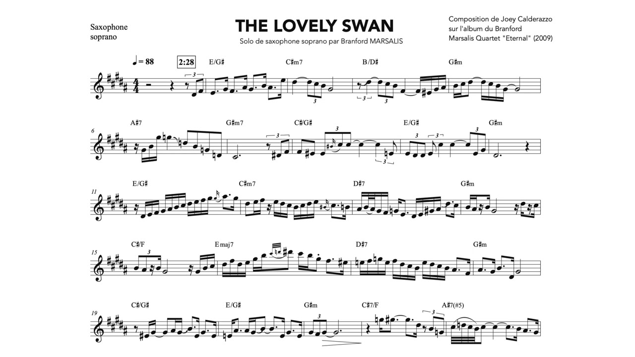 The Lonely Swan (Joey Calderazzo) - Branford Marsalis soprano saxophone's solo transcription.