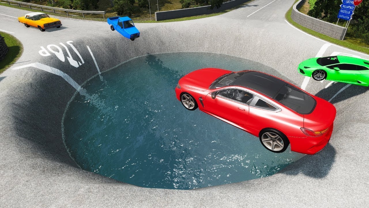 Видео машина канале. Машинки падают в воду для мальчиков от 4 до 6 лет. Cars vs potholes. Cars vs 100 Mattresses – Challenge!.