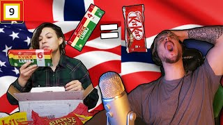 Norwegian guy reacting to American girl trying Norwegian Snacks