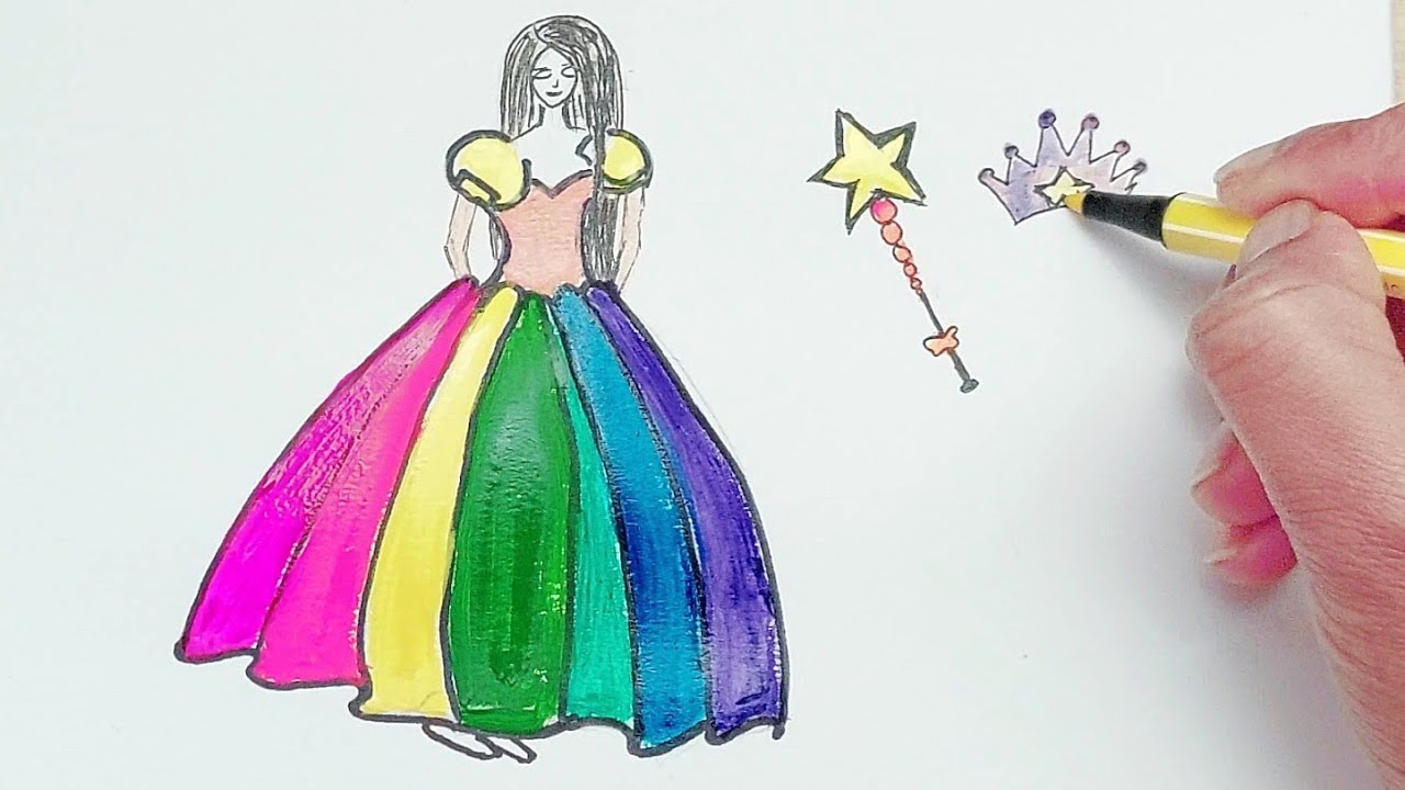girls rainbow dress with magic star stick and crown drawing and painting with charmi tv show 2022