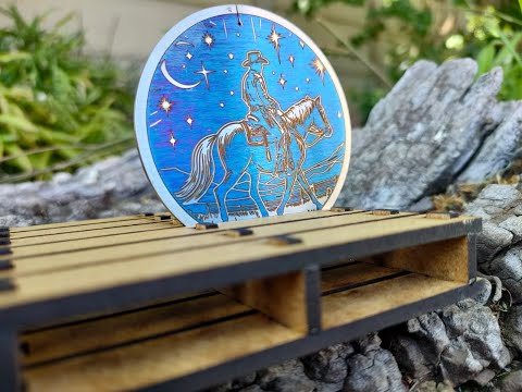 [Laser cut and engrave] Circular wooden art of cowboy riding horse under moonlight