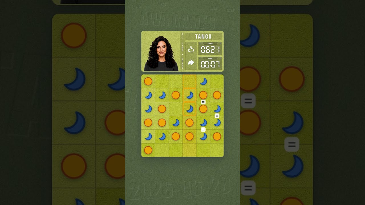 LinkedIn Tango #621 solved board for June 20, 2026, 6x6 grid