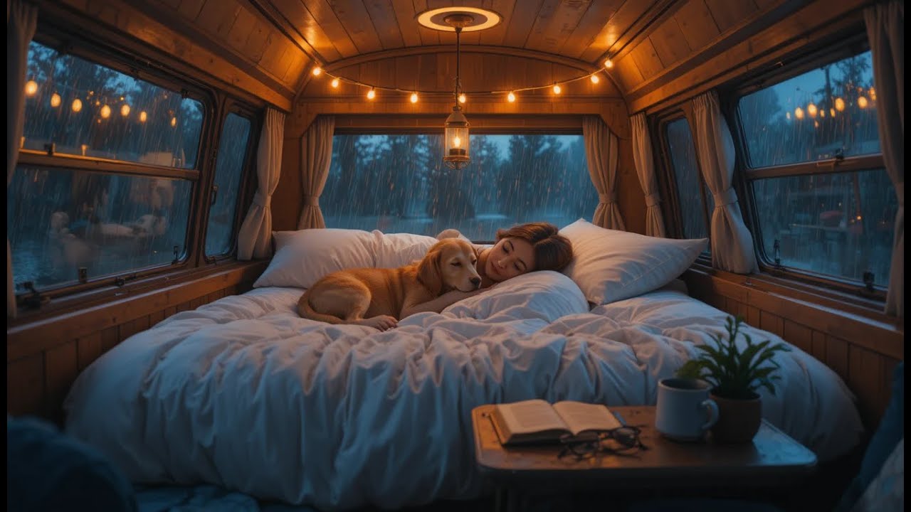 Rainy Van Night for Deep Sleep | Comforting Dog Companion, Cozy ASMR Ambience & Relaxing Rain