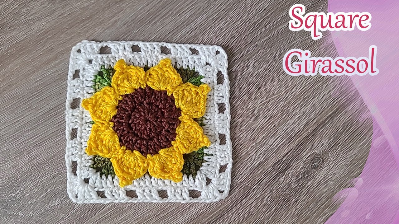 Square girassol de crochê - quadrado - Simples e fácil - Vídeo aula - Passo a passo.