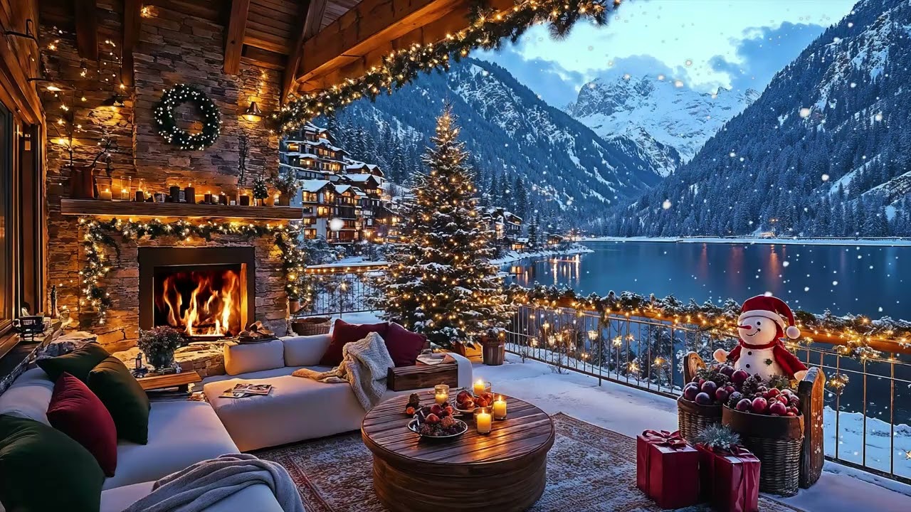 Cozy Christmas Terrace by the Lake 🎄 Warm Fireplace & Relaxing Jazz Music for Winter Nights