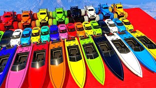 GTA V Mega Ramp Boats, Cars Motorcycle Monster Truck with Trevor and Friends New Stunt Map Challenge